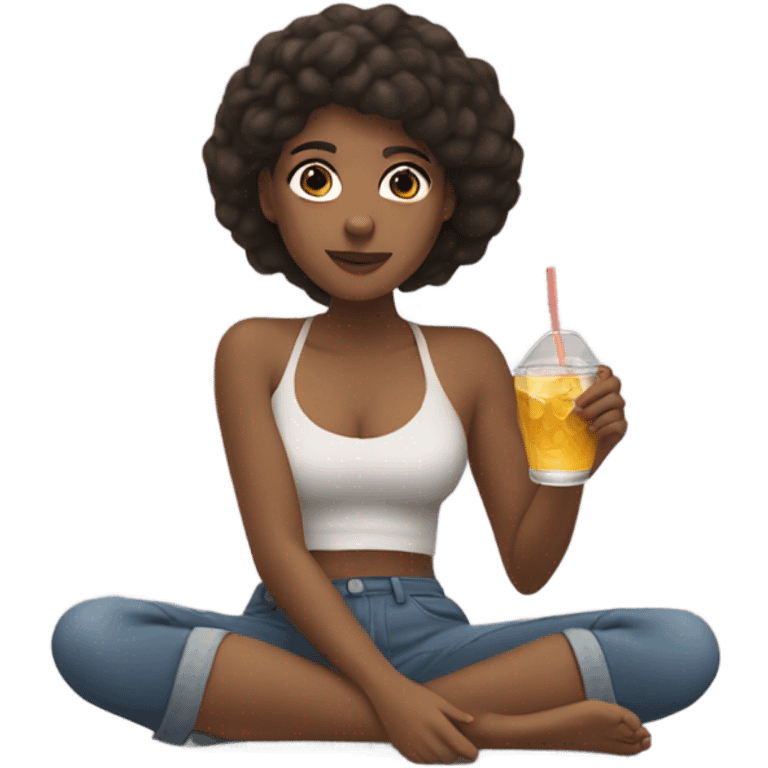 Brown woman laying on floor, holding a drink in hand ￼ emoji