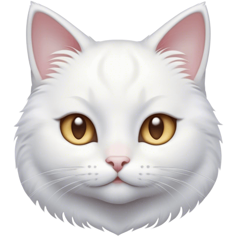 Cinematic Cute White Cat Portrait Emoji, Head tilted with a soft, gentle smile and sparkling eyes, featuring a silky, pristine white fur with subtle silver highlights, simplified yet irresistibly adorable, highly detailed, glowing with a warm, snowy glow, high shine, radiating affectionate charm and tender grace, styled with a light, playful outline, capturing the essence of a cute white cat that looks as if it could melt your heart with a single blink! emoji