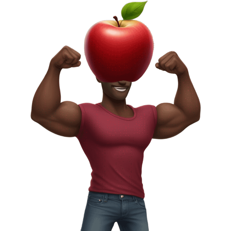 A African muscular hand and arm in a maroon t-shirt holding an apple emoji