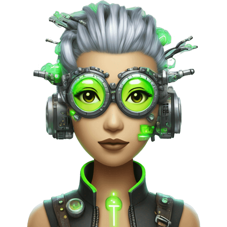 Neon green Mohawk hair Asian female cyborg head with silver steampunk goggles and circuits emoji