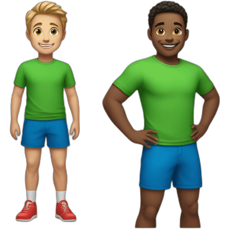 two boys are smiling. One boy with a ball, wearing a green t-shirt and blue shorts, the other wearing a red t-shirt and black shorts. emoji