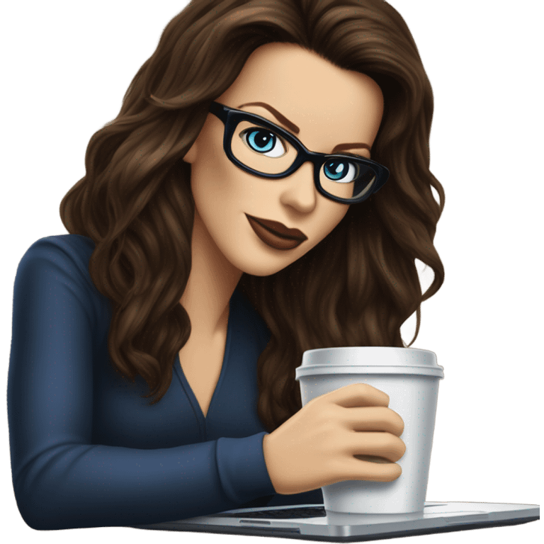 Hyper Realistic Kate Beckinsale dark blue eyes wearing glasses drinking coffee at a laptop  emoji