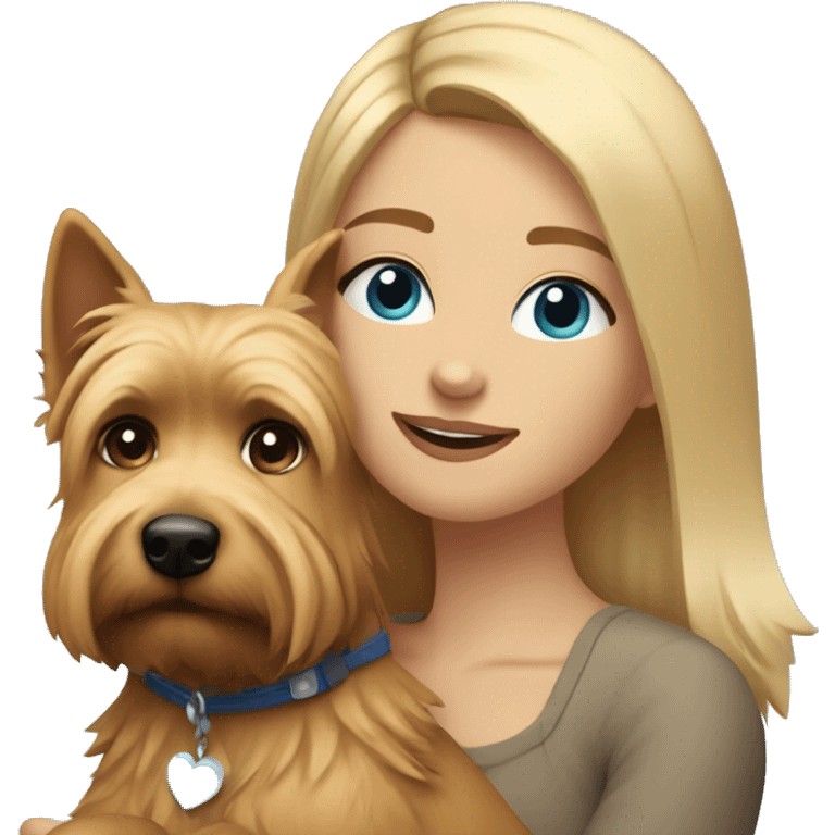 me - girl with blonde hair top brown bottom with blue eyes hugging norwich terrier dog  emoji