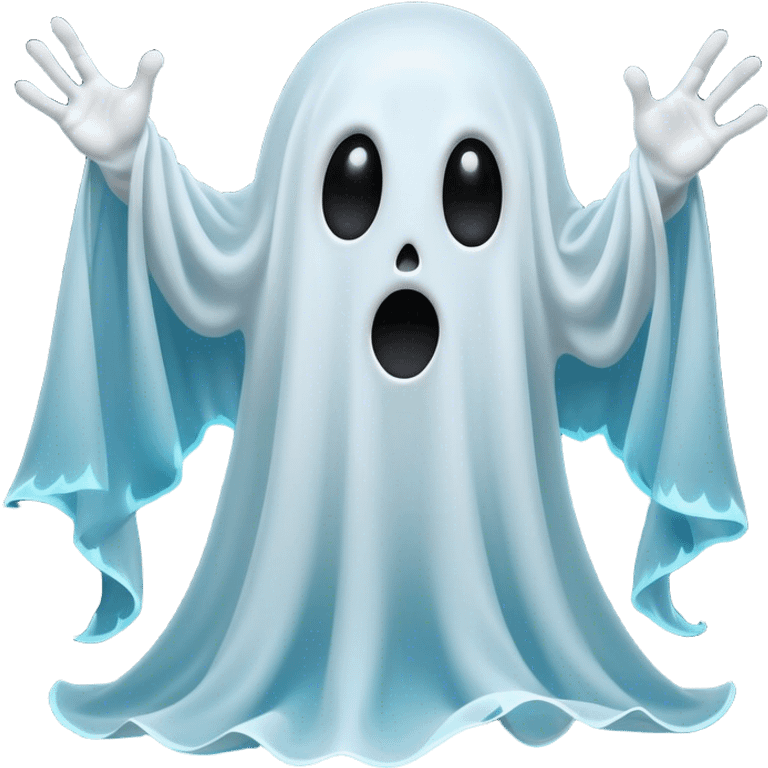 A hilariously exaggerated floating sheet ghost, its simple yet expressive form billowing with animated energy in vibrant whites and pale blues, with two wide, comically shocked eyes and a quirky, startled mouth, simplified yet overflowing with personality, highly detailed with a soft neon-like glowing outline, capturing the playful absurdity of a ghost caught off guard! emoji