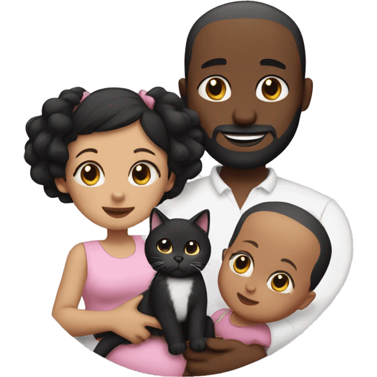 Black hair mum and bald dad, one baby girl, one black and white cat   emoji