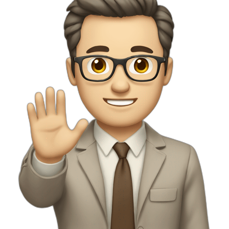 To belt Actively gesturing with hands Pale skinned fit man with dark brown hair in gray jacket, beige office shirt, brown tie, brown pants and vintage glasses. emoji