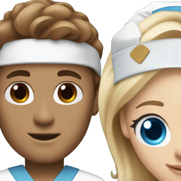 Nurse with blue eyes brown hair and white scrubs and doctor with blonde hair blue eyes and blue scrubs  emoji