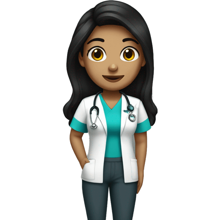 Tan nurse with scrubs long black hair emoji