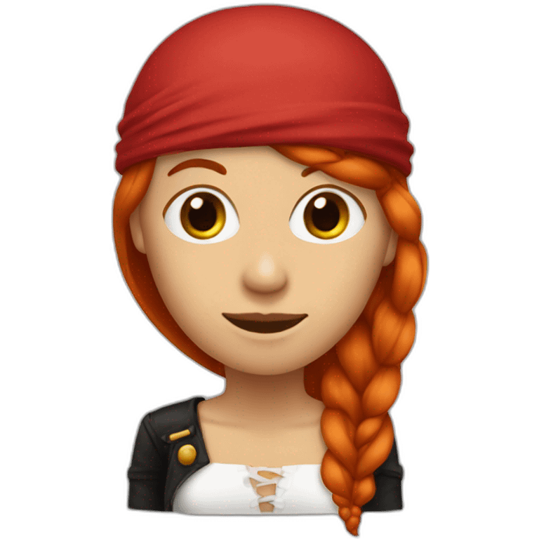 Woman long red hair. Her hair is one long single platt on one side. On Short hair on the other side, pirate hat, skull and crossbones t shirt emoji