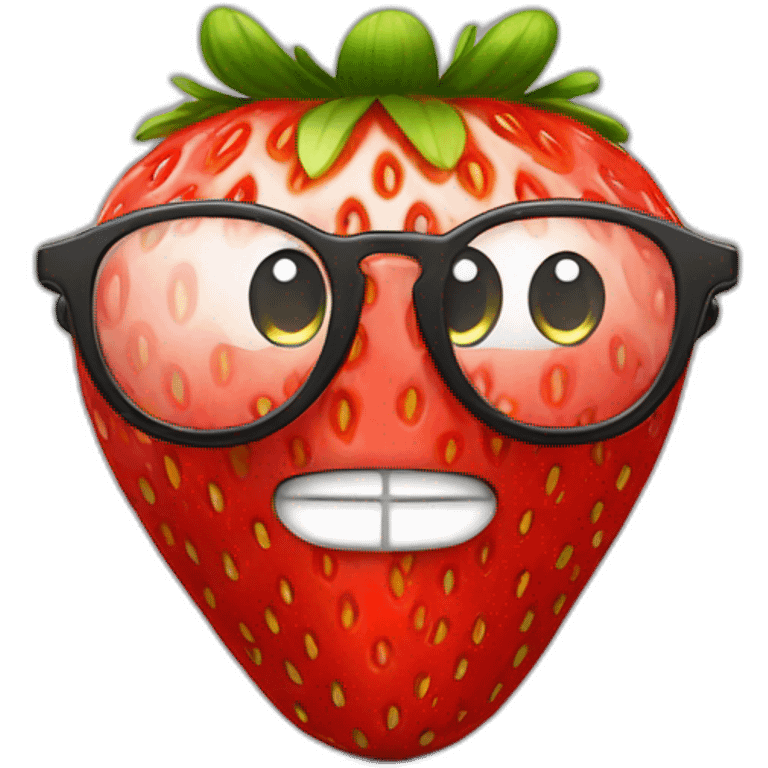 a strawberry face with a smile and eyeglasses emoji