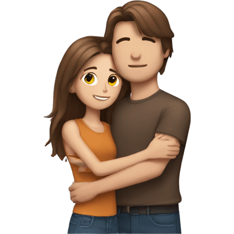 Girl with straight brown hair hugging a guy with fluffy brown hair emoji