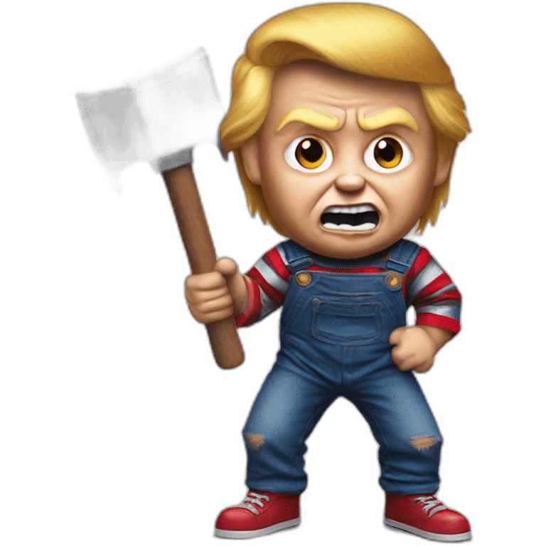 Trump as chucky with a hammer emoji