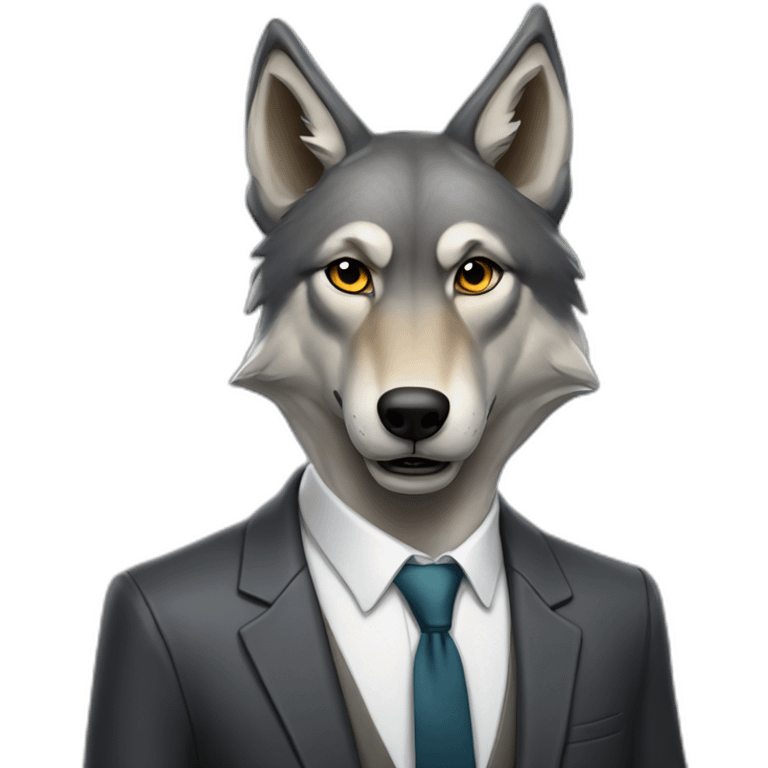 Portrait of Big Bad Gray Wolf with a human-like face wears a sleek jacket and tie like a salesman emoji