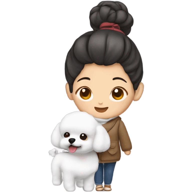 Hair-in-a-bun traveling Asian woman carrying a happy and cute Korean-style bichon frise emoji