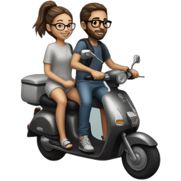 hyper realistic boy with long hair tied in a bun, beard, and glasses, riding a black scooter with a girl on the back emoji