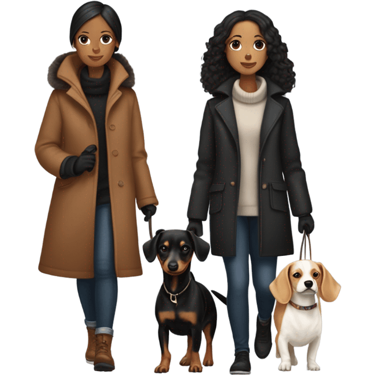 Two girls in winter coats walking- one with white skin black hair and the other with white skin and copper blonde hair with a brown and black dashedhound and the other with brown chihuahua  emoji