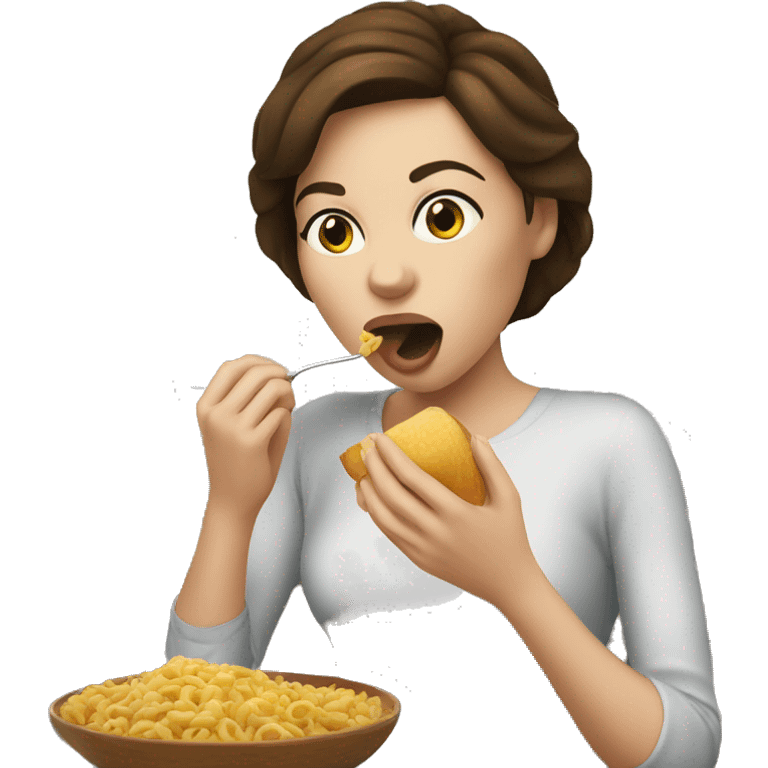 Woman, White skin, brunette haired, putting food in her mouth emoji