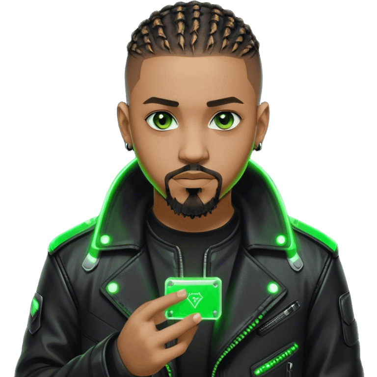 Light skinned African American male with green eyes as a cyberpunk hacker with cornrows hairstyle but short cornrows  with goatee facial hair  emoji