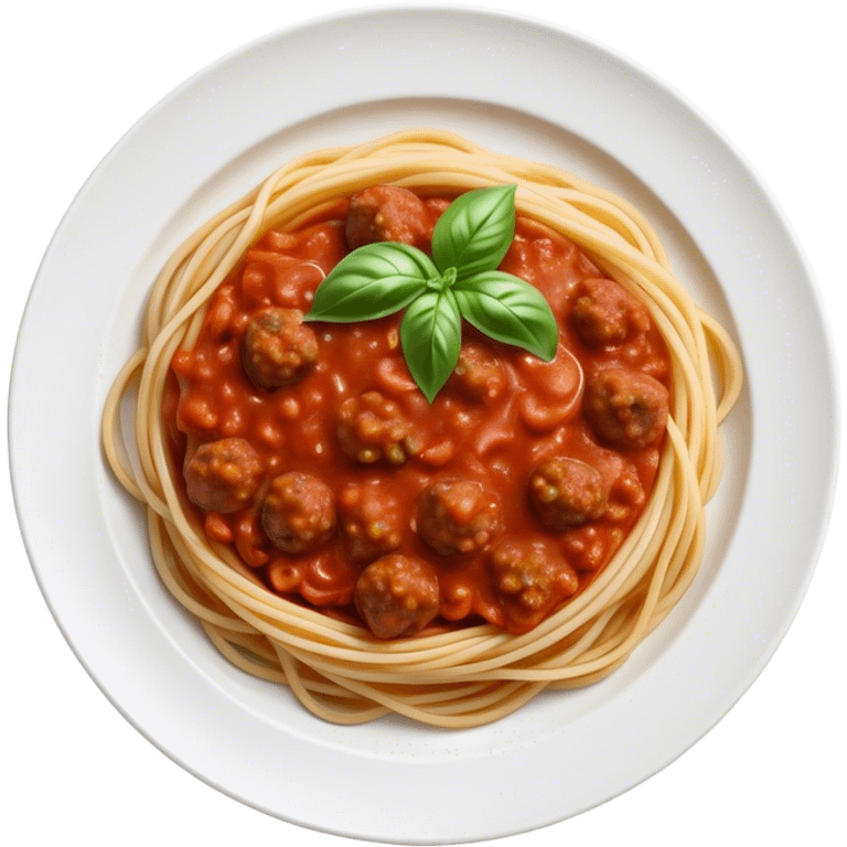 Spaghetti Bolognese on a plate,nice basil on top emoji