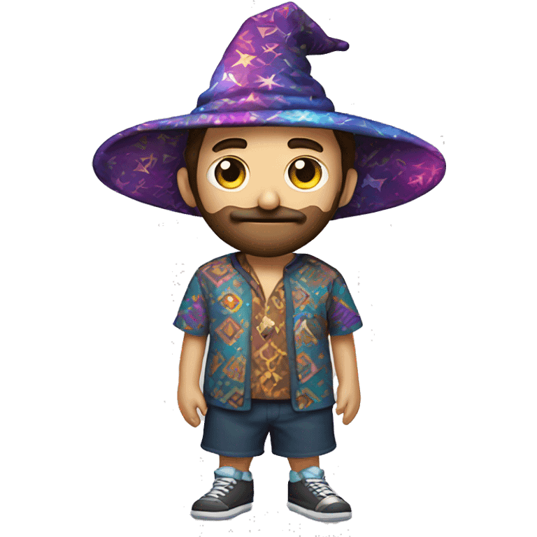 a man with short brown hair and a beard shadow wearing a wizard hat and a multi pattern psychedelic shirt and shorts emoji