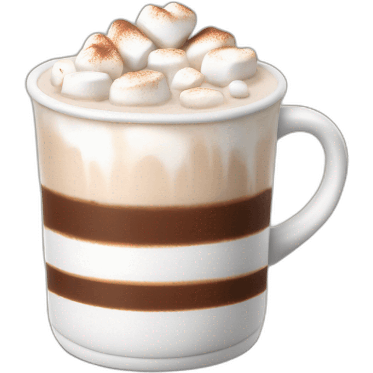 white mug of hot chocolate with cinnamon and marshmallows and whipped cream emoji