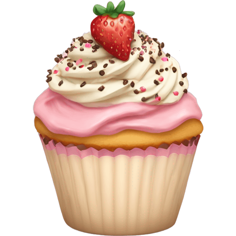 A vanilla cupcake topped with strawberries and chocolate sprinkles, adorned with a cute pastel pink ribbon. emoji