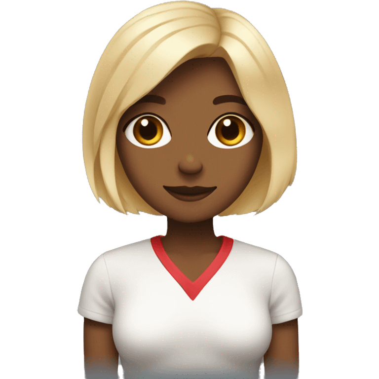 a blonde with a bob haircut and brown eyes holds in her hands a cat of three colors black, red and white emoji