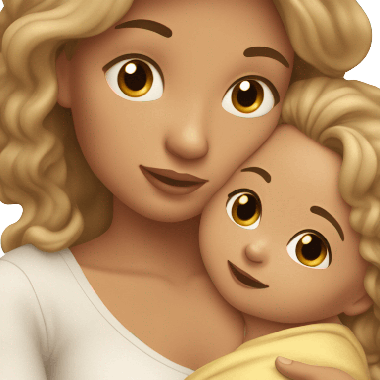 light Tan girl with long wavy hair and hazel eyes holding newborn baby boy in arms  emoji