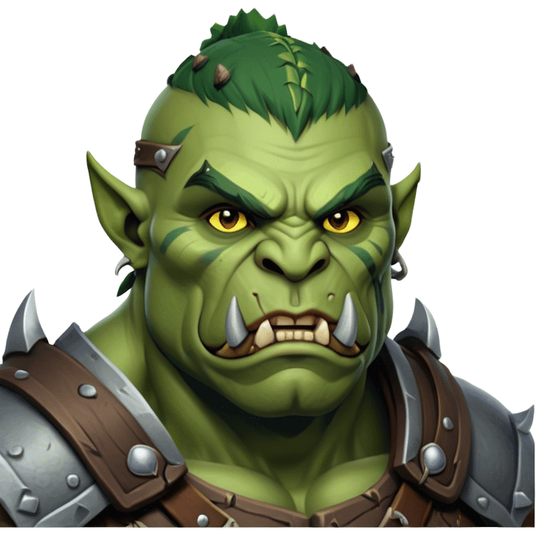 Cinematic Realistic WoW Orc Warrior Portrait, head tilted epicly and inquisitively, showcasing a commanding presence and raw, unyielding power. His battle-hardened green skin and muscular form, accented by meticulously crafted tribal armor in deep earthy hues, are rendered with lifelike clarity and dynamic lighting, high shine, epic and awe-inspiring, embodying the relentless spirit of an orc warrior ready for battle. emoji