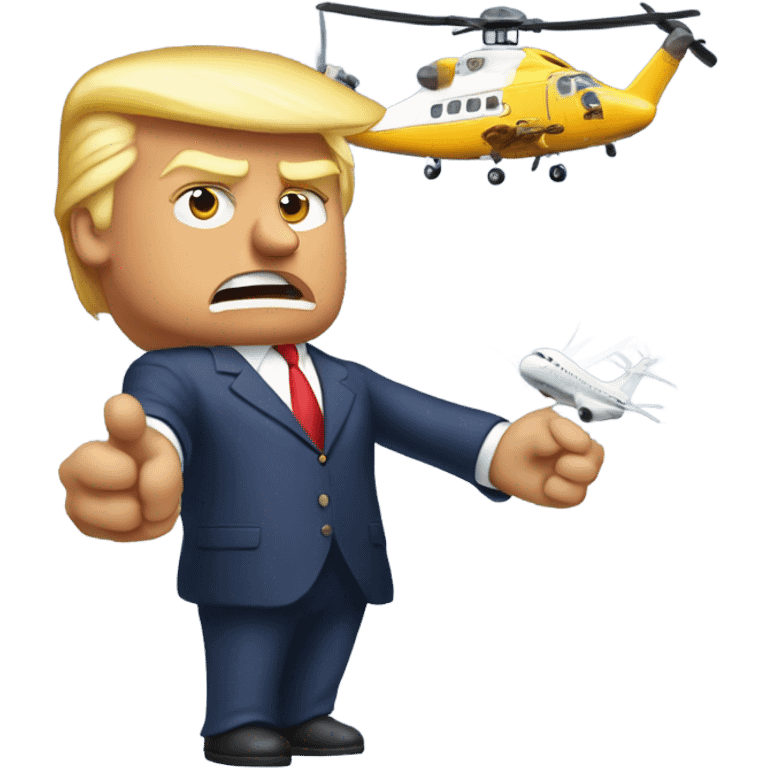 Donald trump by himself holding an airplane in one hand and a helicopter in the other hand smashing them together emoji