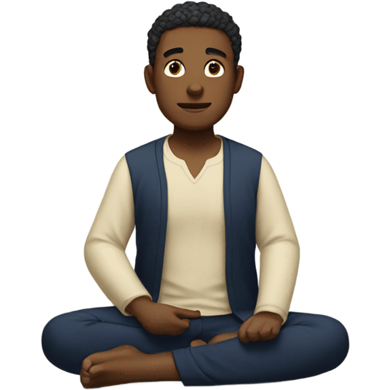 man meditating sitting down with cream shirt and navy blue pants emoji