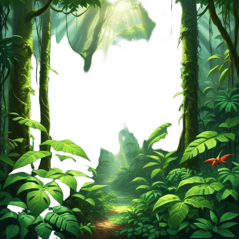 Cinematic Realistic Rainforest Emoji, Lush and vibrant, filled with towering trees, thick vines, and dense green foliage, sunlight filtering through the canopy above, creating dappled patches of light on the rich, diverse undergrowth. The air is heavy with moisture, with mist rising from the forest floor and distant calls of exotic birds and animals echoing through the trees. Soft glowing outline, capturing the essence of a thriving, untamed tropical paradise filled with life! emoji