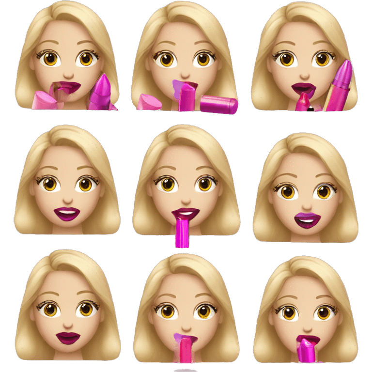 blonde-haired girl putting pink lip stick on emoji