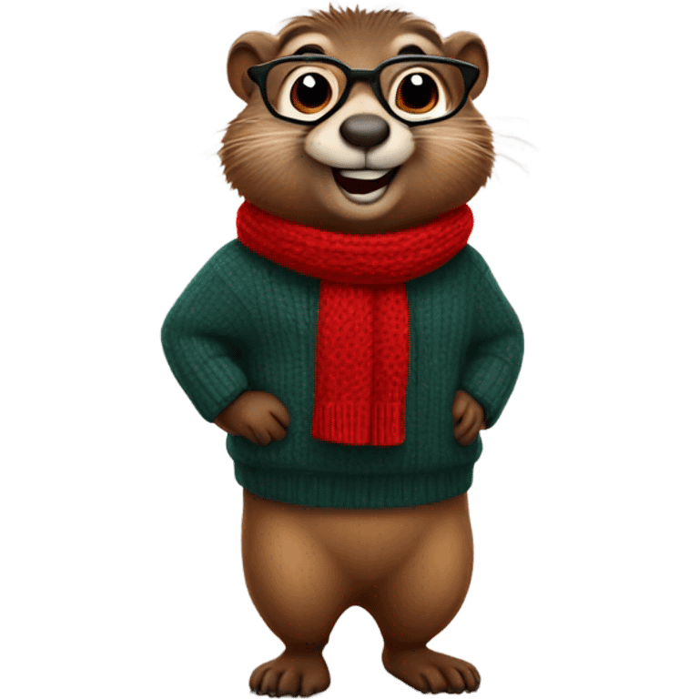 winking cute groundhog in a fully red sweater and glasses full body shown emoji