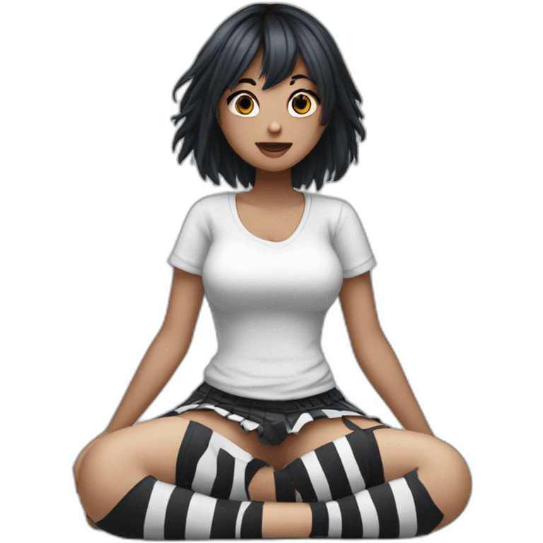 Frontal view curvy emo girl sits white skirt striped stockings hands up emoji