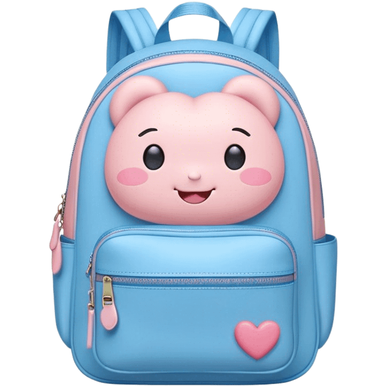 Cute Kawaii Backpack, round and chubby, soft pastel pink and blue, tiny heart-shaped zippers, blushing cheeks, a tiny smiling face, a happy school-time companion! emoji