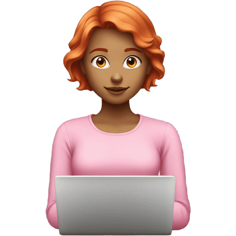 red head girl with short hait and pink longsleeve works at  laptop emoji