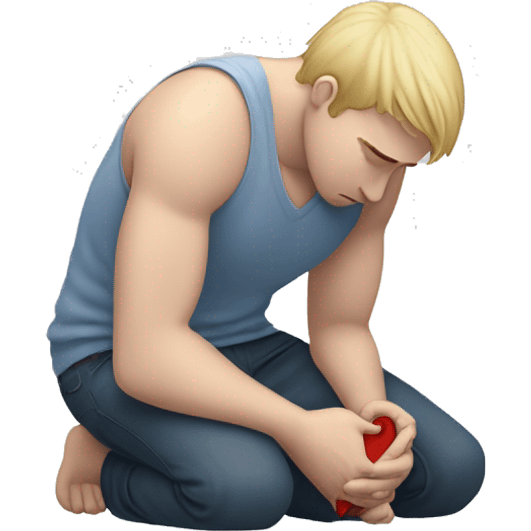 A white-skinned man kneeling and crying, trying to mend his girlfriend's broken heart. The heart is a broken emoji heart, highlighting the emotional scene. emoji