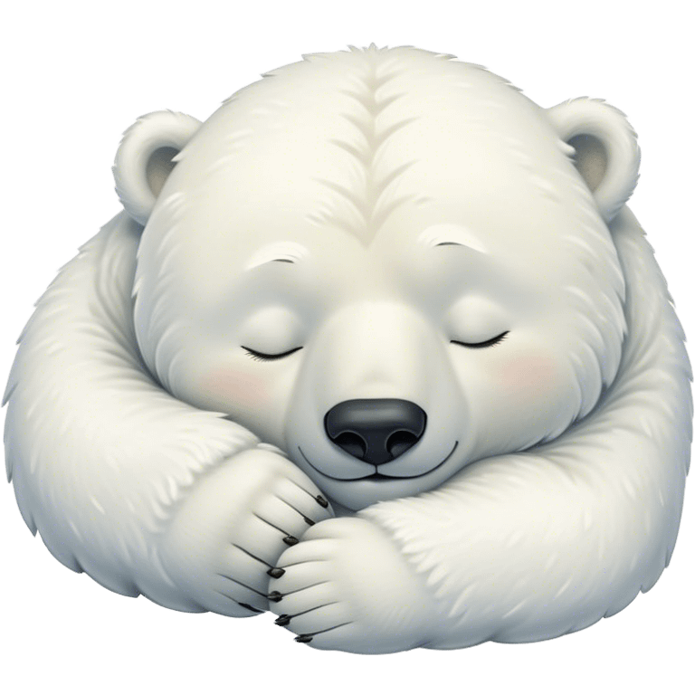 Meme-Worthy cute Sleeping Polar Bear Portrait Emoji, Head resting peacefully with a contented smile, showcasing a luxuriously soft snowy coat and eyes closed in serene slumber, Simplified yet hilariously adorable features, highly detailed, glowing with a soft, drowsy polar light, high shine, relaxed and utterly lovable, stylized with an air of playful laziness, bright and heartwarming, soft glowing outline, capturing the essence of a sleeping polar guardian that feels destined to become the next viral sensation of adorable rest! emoji