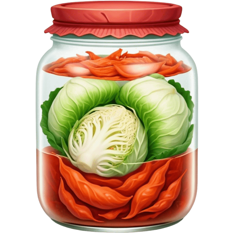 Kimchi Cinematic Realistic Kimchi Dish Emoji, depicted as spicy, fermented cabbage with vibrant red hues neatly served in a traditional jar, rendered with dynamic textures and bold, appetizing lighting. emoji