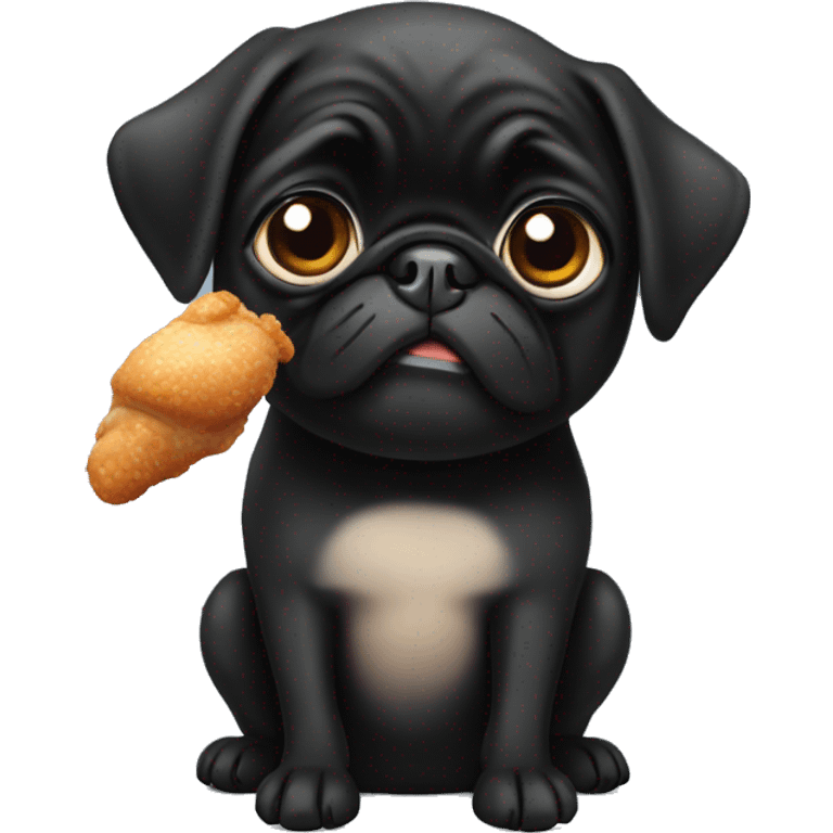 Black pug holding a chicken leg on his had emoji