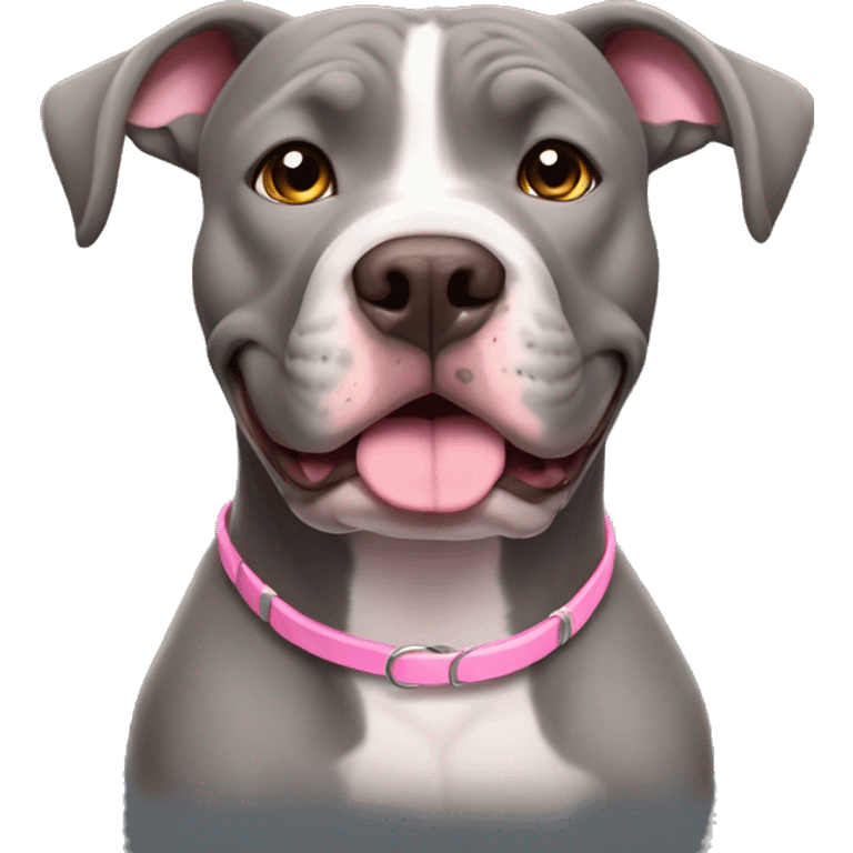 Female gray pitbull dog with floppy ears happy expression brown eyes gray face pink collar, sitting up, facing forward. emoji