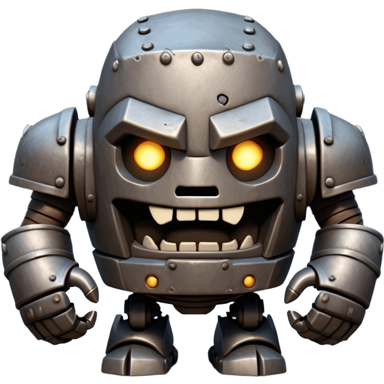 Cinematic Comical Mighty Iron Golem Portrait Emoji Head tilted dramatically with an exaggeratedly amused expression, featuring a bulky, armored form with a slightly lopsided stance, ancient runes flickering erratically, and one massive, jointed hand raised in a slow, deliberate wave. Wide, expressive glowing eyes give it an almost humorous, puzzled look, as if it’s contemplating something far beyond mortal understanding. Rendered with detailed metallic textures and deep, dynamic lighting, high shine, dramatic yet whimsical, styled with a hint of unexpected charm, soft glowing outline, capturing the essence of an endearing yet colossal guardian that looks ready to crack an impossibly slow, earth-shaking joke! emoji