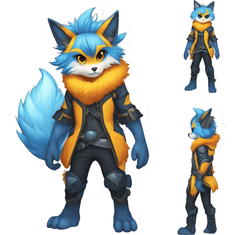 Anthro-Edgy-Cool-Blue-Orange-Yellow-Contrast-Colors-Fantasy-Fur-Sona-Chibi-Shiny-Fakémon-Hybrid full body emoji