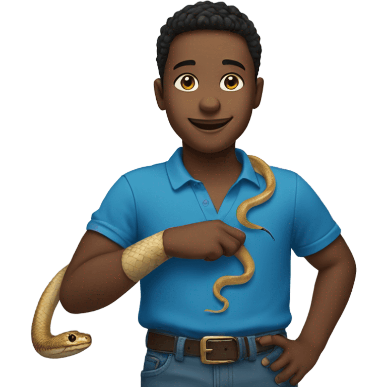 smiling boy outdoors in blue with snake on arm emoji