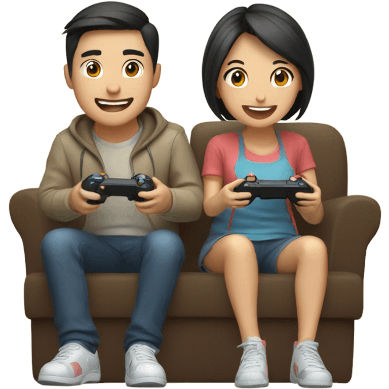 Cute asian couple excitedly playing video games emoji