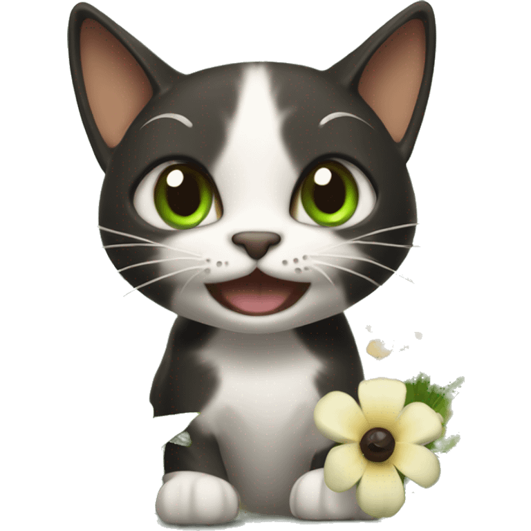 A cat with brown and black glue, green eyes playing with flowers emoji