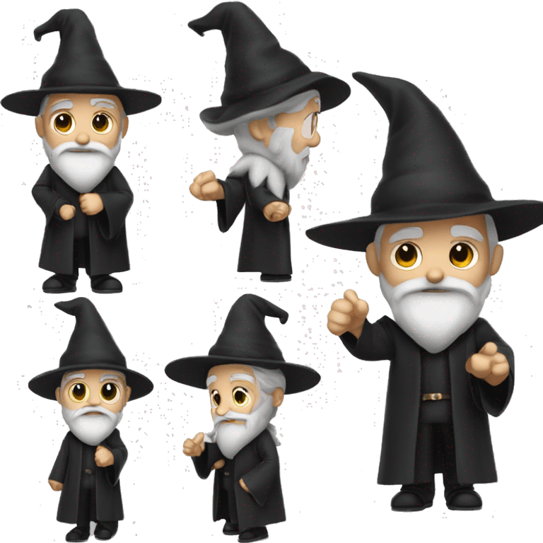 A wizard with a black hat and a black coat. He has a white beard. he is  pointing downards his full body is shown emoji