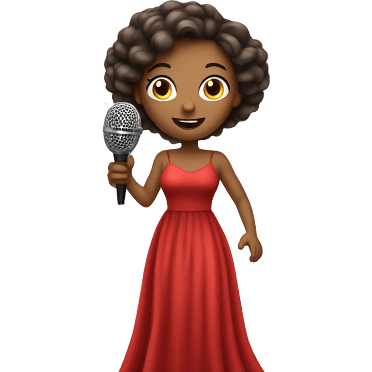 beautiful light girl in a long red dress sings holding microphone in a hand  emoji