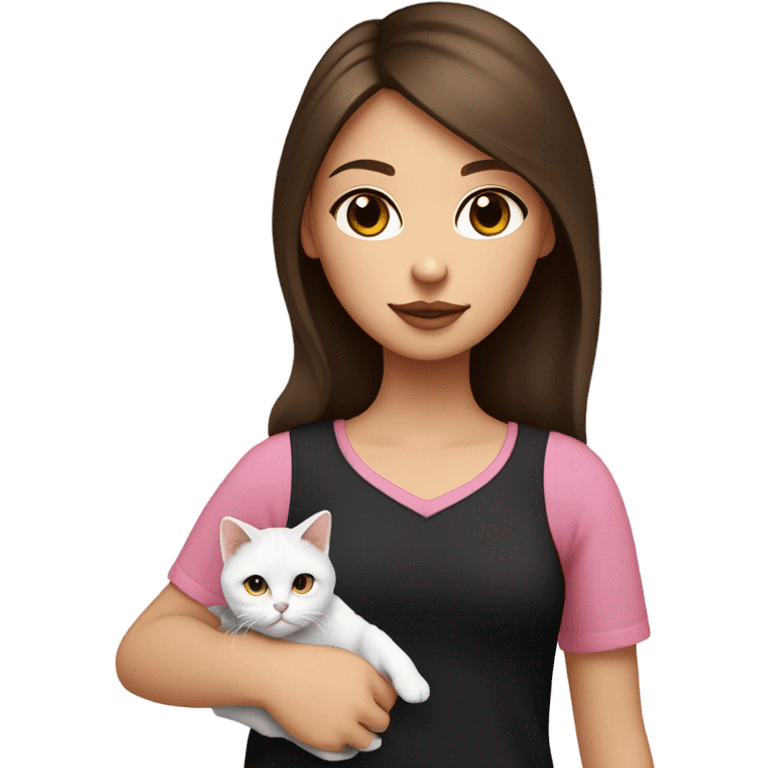 Medium light Girl with long dark brown hair hazel eyes and having pink lips wearing cute black shirt bringing two cat : white cat and calico cat emoji